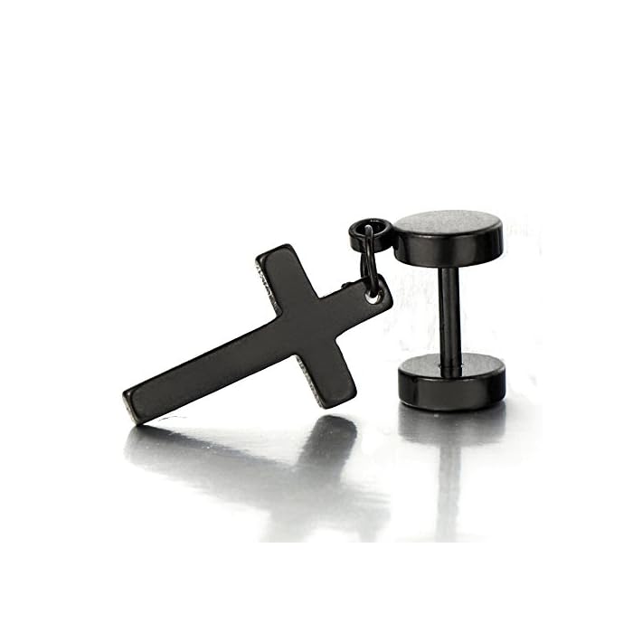 Black-Plated Barbell Cross Earring - Double-Sided Twisted Screw Dumbbell Stud Earrings for Men
