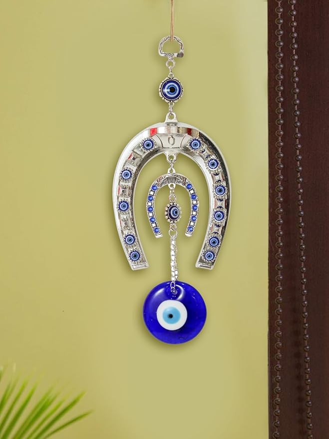 Horse Shoe Blue Evil Eye Wall Hanging For Home Entrance Door Car Office (metal)