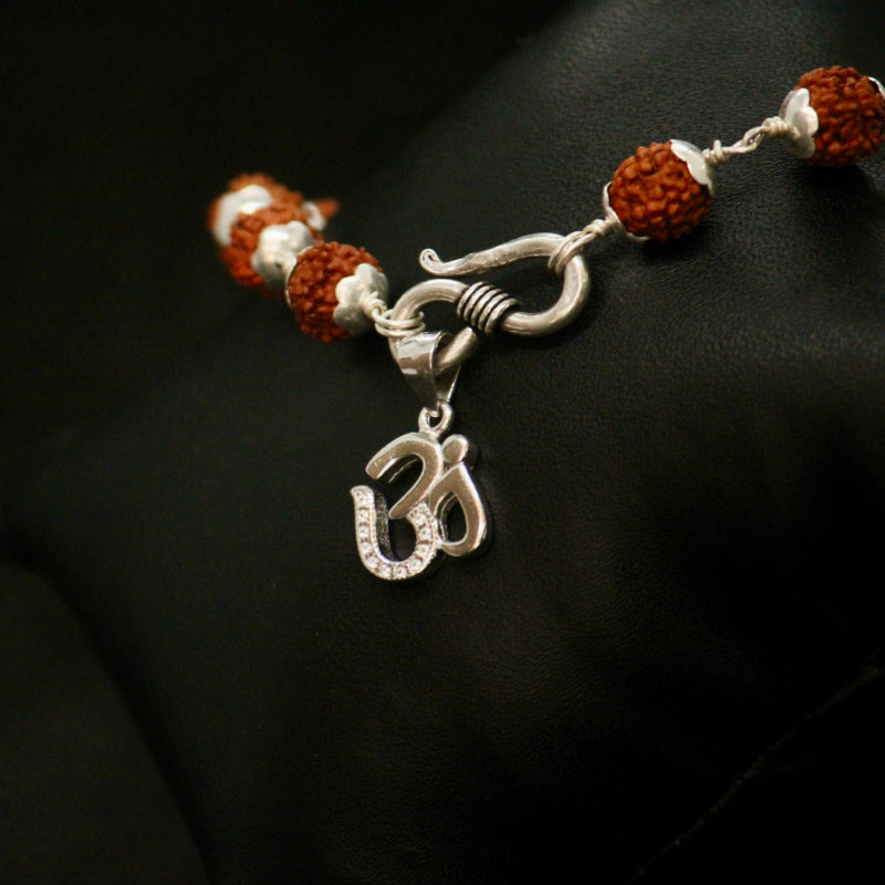 Silver-Plated Om Bracelet with Rudraksha Beads – Spiritual Power & Protection