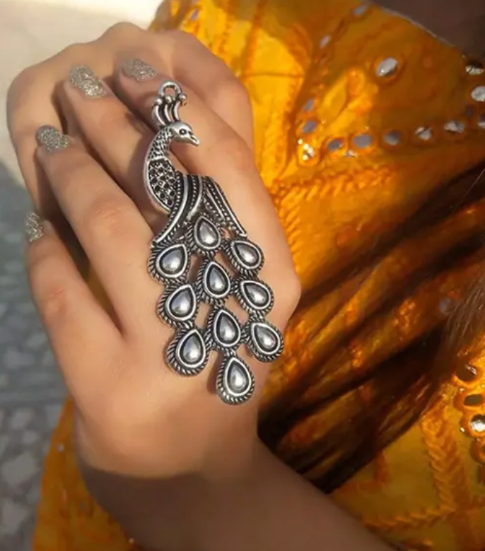 Peacock Style Oxidised Silver Plated Adjustable Big Ring – Lightweight Bollywood Statement Ring for Girls & Women