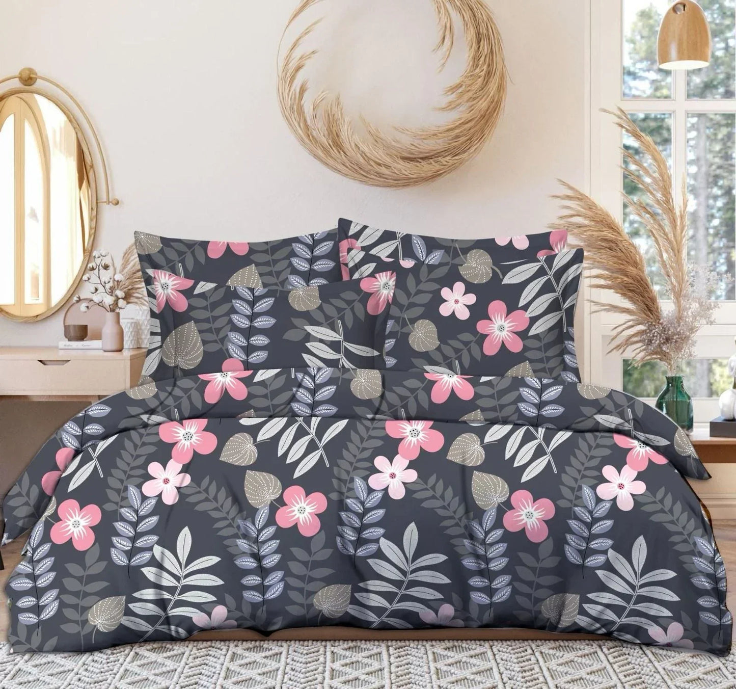 Multicolor Floral Cotton Blend Fitted (Elastic) Double Bedsheet with 2 Pillow Covers