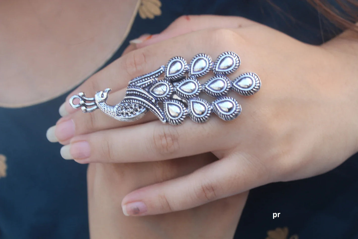 Peacock Style Oxidised Silver Plated Adjustable Big Ring – Lightweight Bollywood Statement Ring for Girls & Women