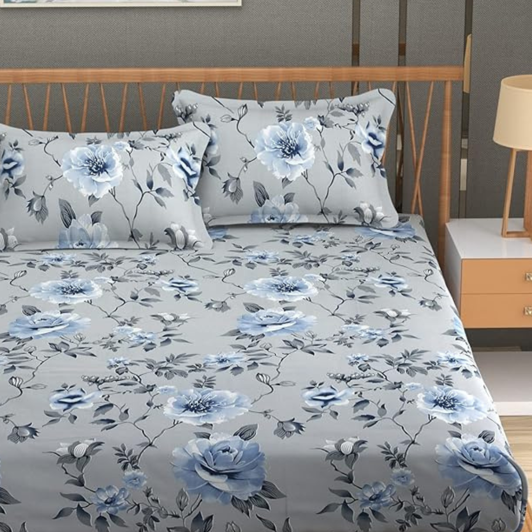 3D Floral Printed Elastic Fitted Bedsheet for Double Bedsheet with 2 Pillows Covers (Gray)