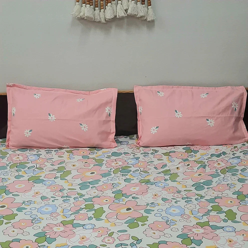 Premium glaze cotton Elastic Fitted King Size Bedsheet with 2 Pillow Covers