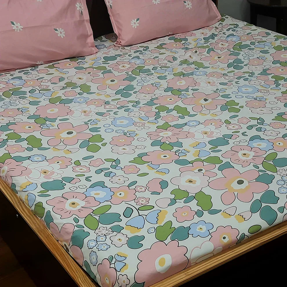 Premium glaze cotton Elastic Fitted King Size Bedsheet with 2 Pillow Covers
