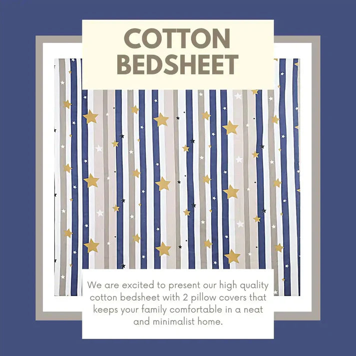 Starry Stripes Double Bed Bedsheet Fitted (Elastic) with 2 Pillow Covers