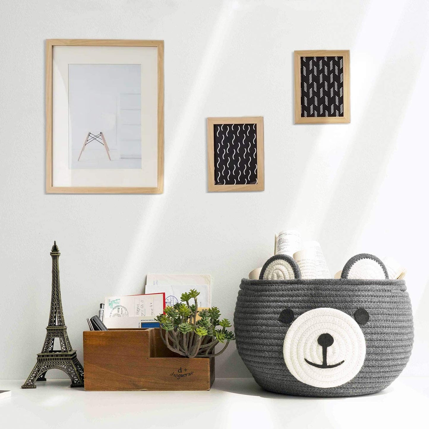 Cute Bear Round Basket, Cotton Rope Baskets in Living Room, Gray