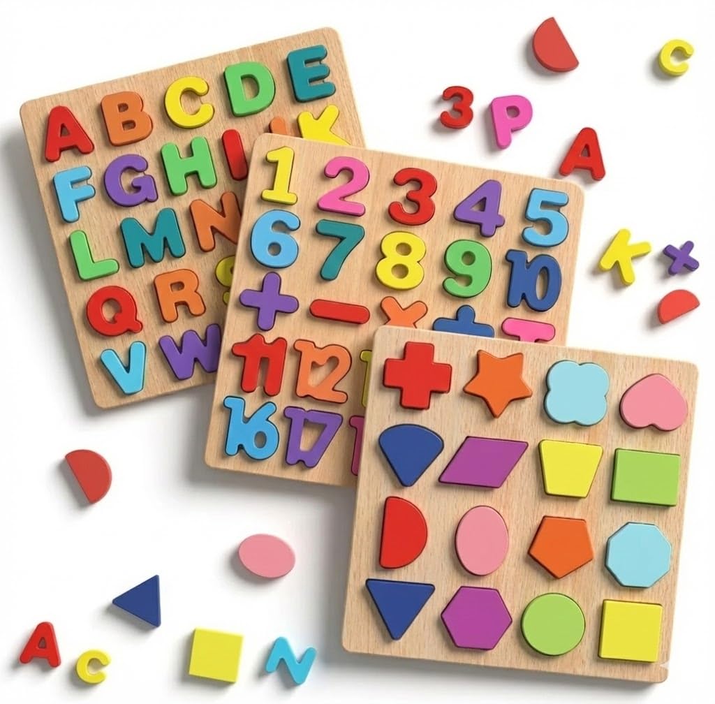 SET OF 3 - Wooden Learning Educational  Board for Kids, Activity Toys for Toddlers & Preschoolers ( ABCD + NUMBER + COLOR & SHAPE BOARD)