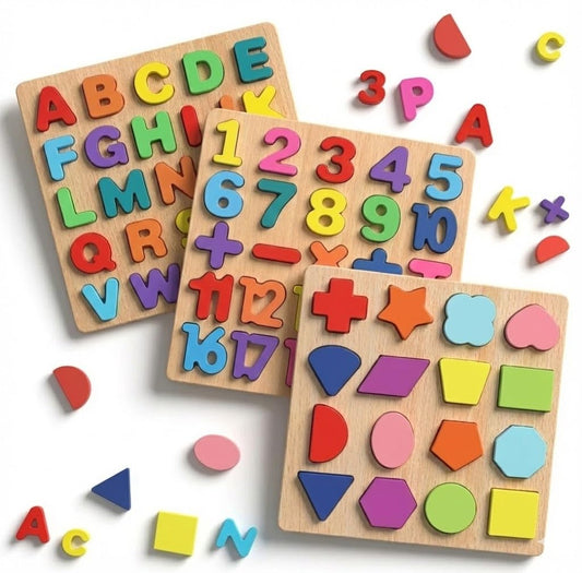 SET OF 3 - Wooden Learning Educational  Board for Kids, Activity Toys for Toddlers & Preschoolers ( ABCD + NUMBER + COLOR & SHAPE BOARD)