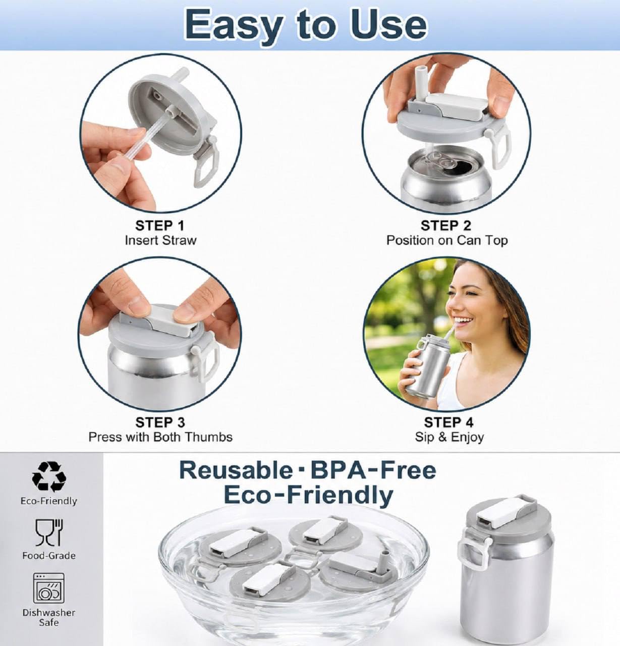 Reusable Soda Can Covers with Straw | Flip-Top Drinking Lid for Soft Drinks, Energy Drinks & Beer Cans | BPA-Free Leak-Proof Can Lid (Pack of 2)