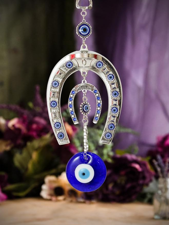 Horse Shoe Blue Evil Eye Wall Hanging For Home Entrance Door Car Office (metal)
