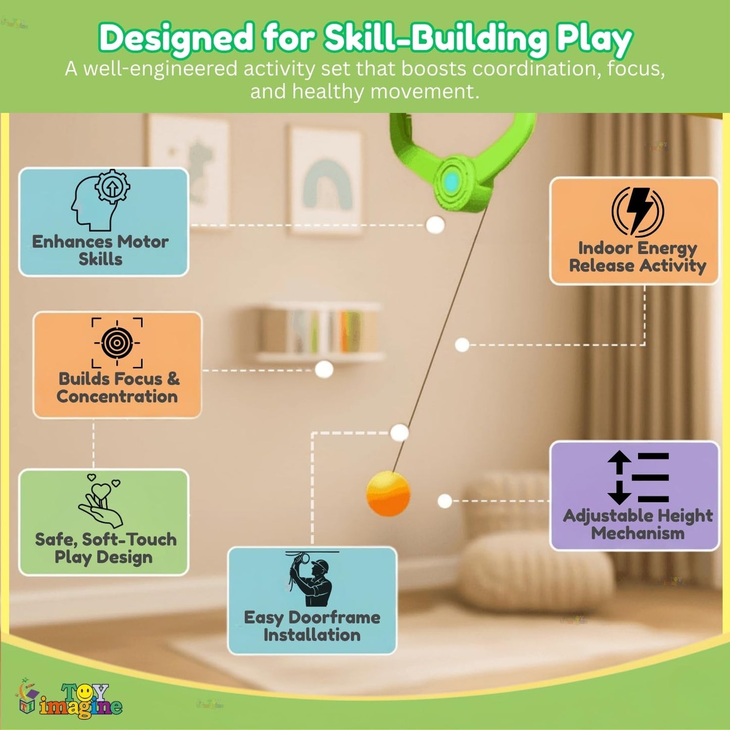 Kids Indoor Reflex Training Game | Hanging Ping Pong Practice Set with Door Mount Design, 2 Bats & Balls