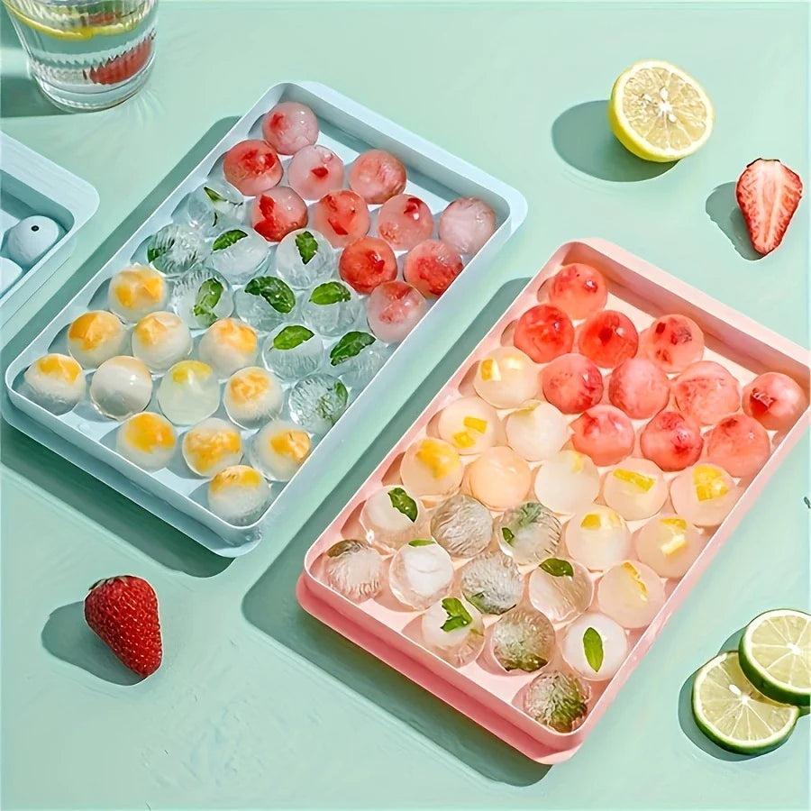 BUY1 GET1 FREE Premium Ice Trays – 33 Diamond Spheres, Stackable, Pastel Pink-Blue-Green, Easy-Release, Food-Grade, Perfect for Cocktails.
