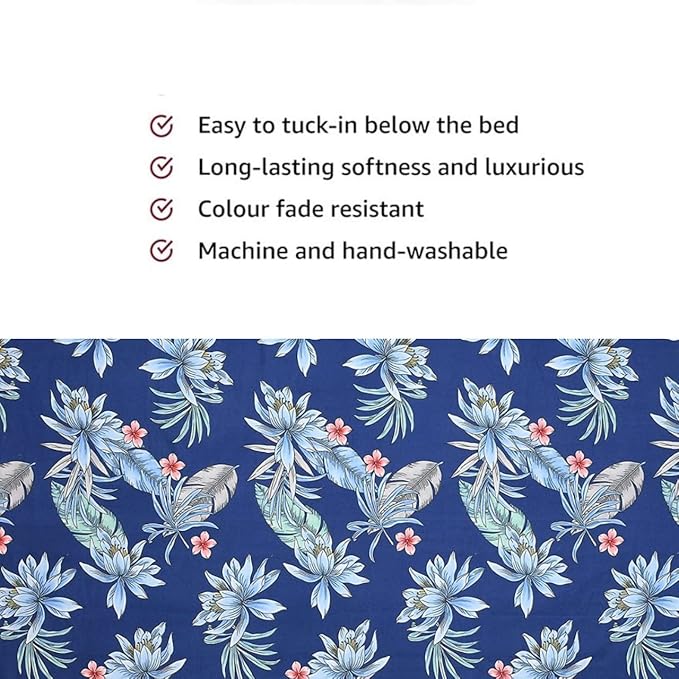 Blue Floral Printed Cotton Elastic Corner Fitted Bedsheet Set Includes 2 Pillow Covers