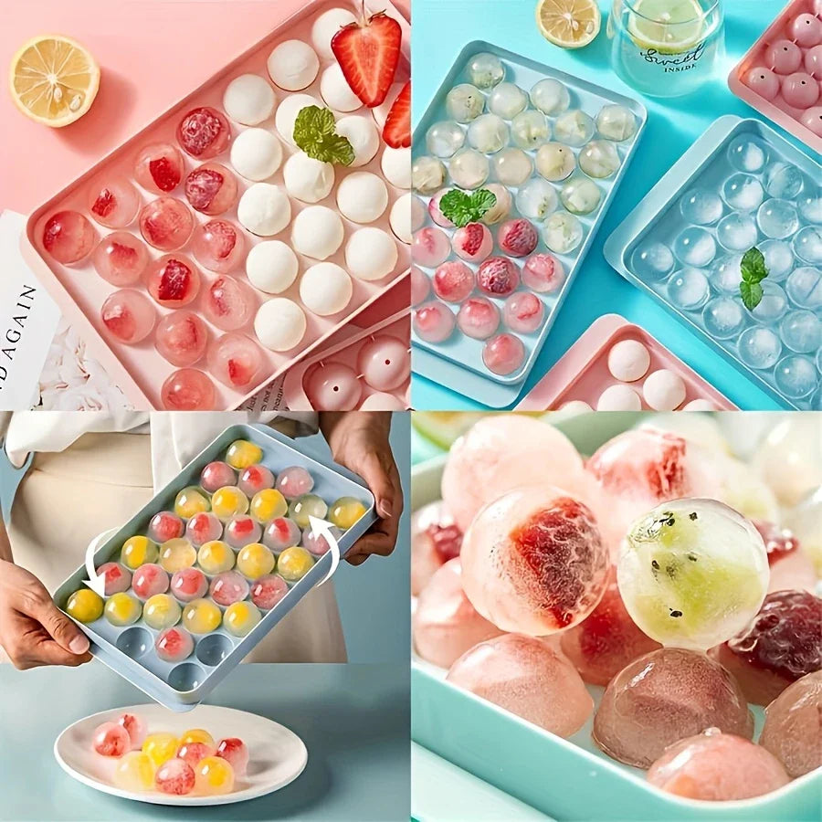 BUY1 GET1 FREE Premium Ice Trays – 33 Diamond Spheres, Stackable, Pastel Pink-Blue-Green, Easy-Release, Food-Grade, Perfect for Cocktails.