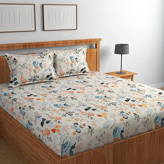Floral, Beige And Green Elastic Fitted Bedsheets With 2 Pillow Covers