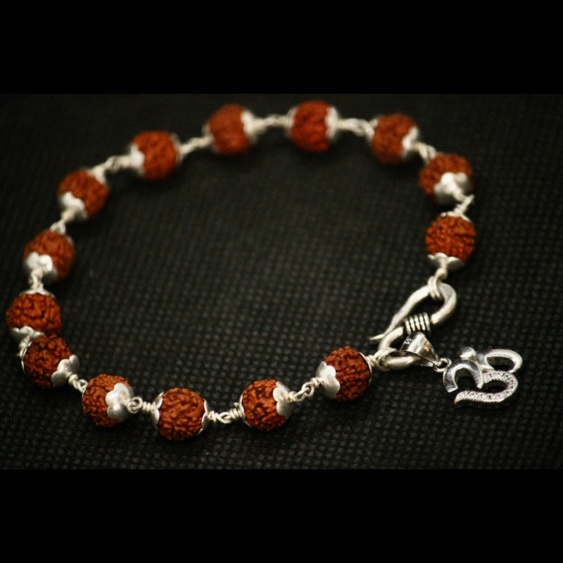 Silver-Plated Om Bracelet with Rudraksha Beads – Spiritual Power & Protection