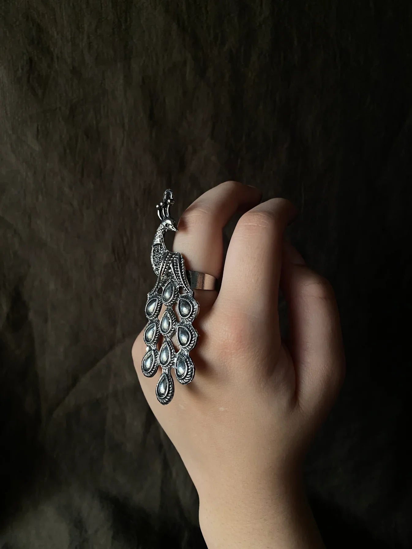 Peacock Style Oxidised Silver Plated Adjustable Big Ring – Lightweight Bollywood Statement Ring for Girls & Women
