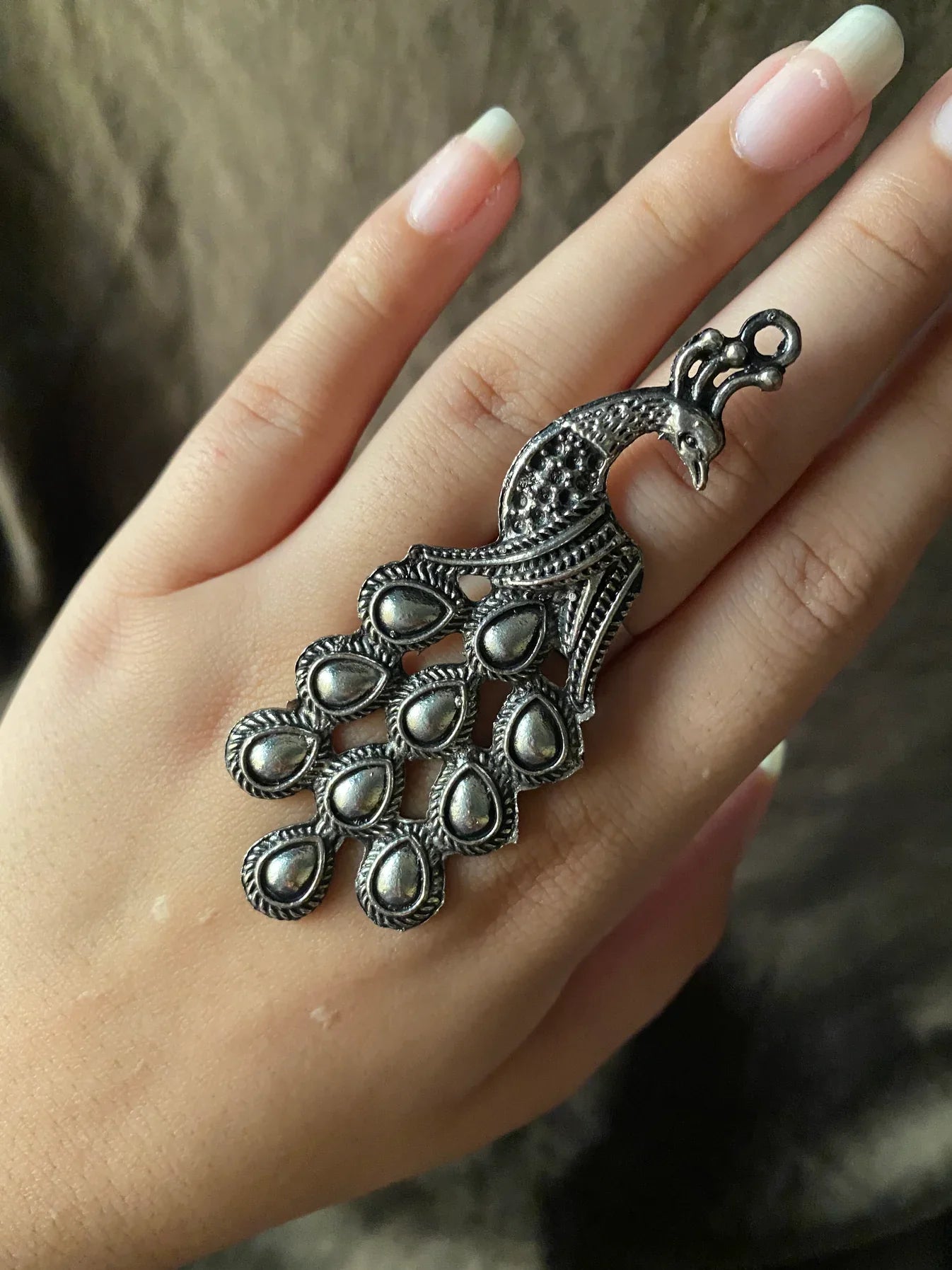 Peacock Style Oxidised Silver Plated Adjustable Big Ring – Lightweight Bollywood Statement Ring for Girls & Women