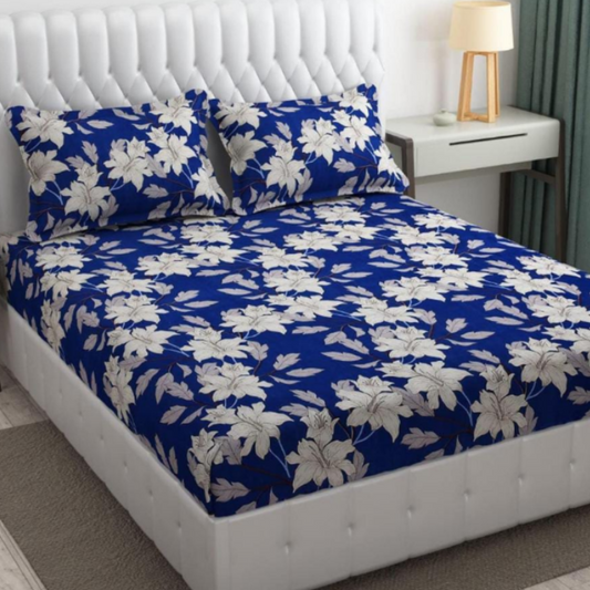 Blue Floral Printed Cotton Elastic Corner Fitted Bedsheet Set Includes 2 Pillow Covers