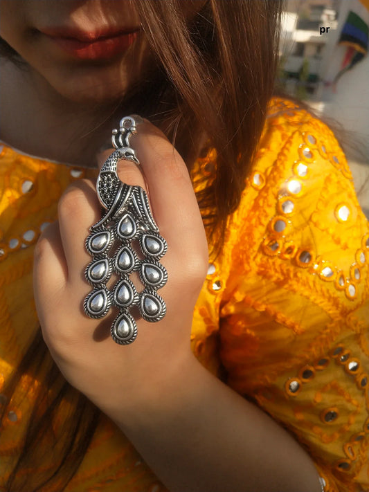 Peacock Style Oxidised Silver Plated Adjustable Big Ring – Lightweight Bollywood Statement Ring for Girls & Women