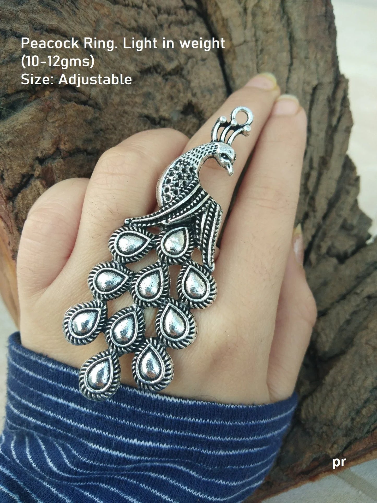 Peacock Style Oxidised Silver Plated Adjustable Big Ring – Lightweight Bollywood Statement Ring for Girls & Women