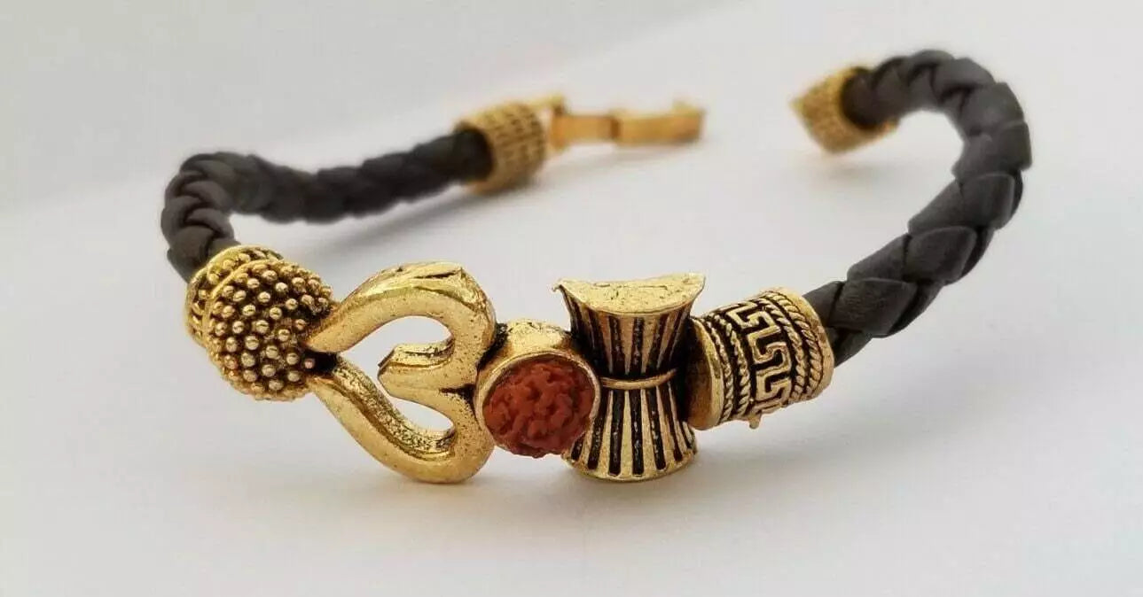 BUY 1 GET 1 FREE - Om Shiva Bracelet Kara Hindu Kada Trishul Trident Rudraksha Beads Shiv Bangle