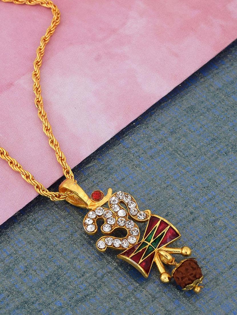 24K Gold-Plated Om Pendant with Rudraksha Beads & Damru Design