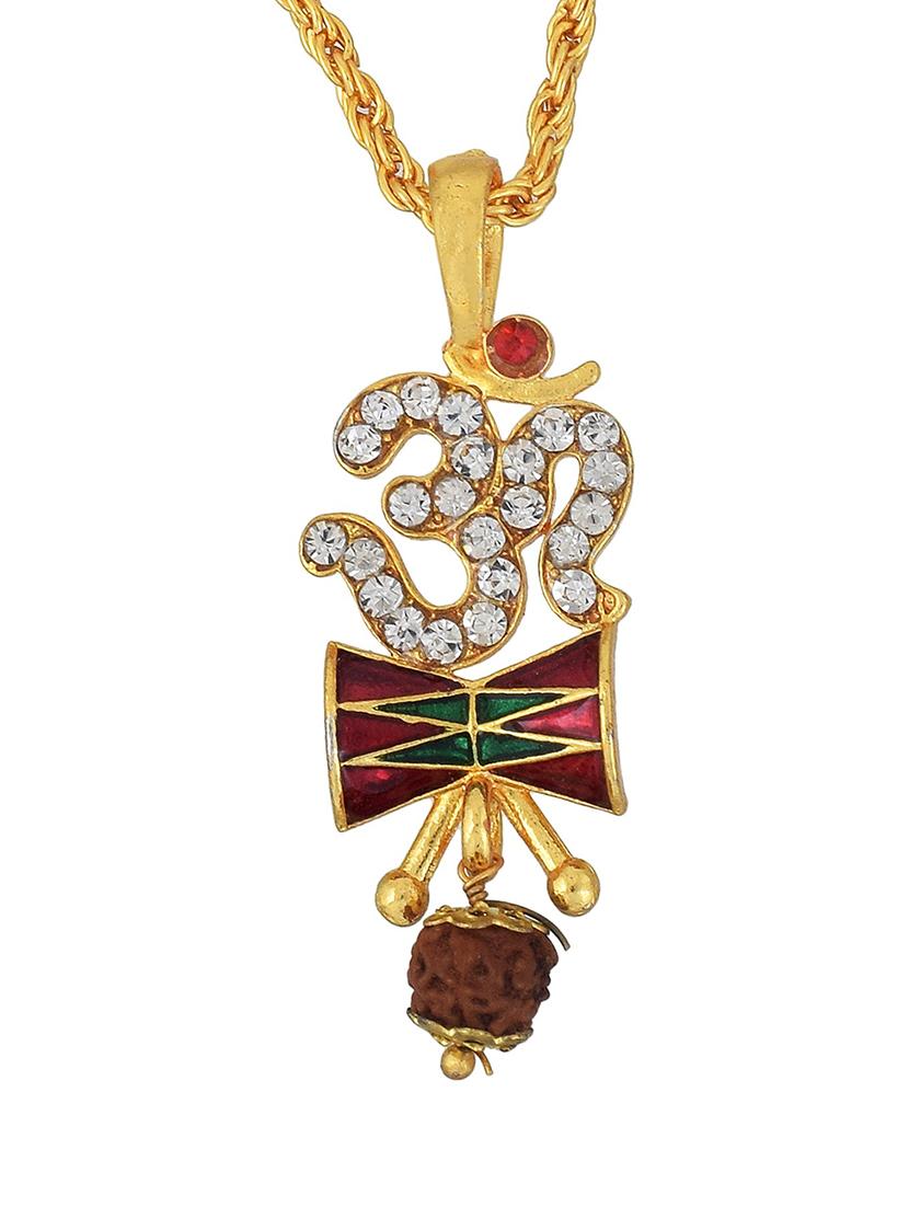 24K Gold-Plated Om Pendant with Rudraksha Beads & Damru Design